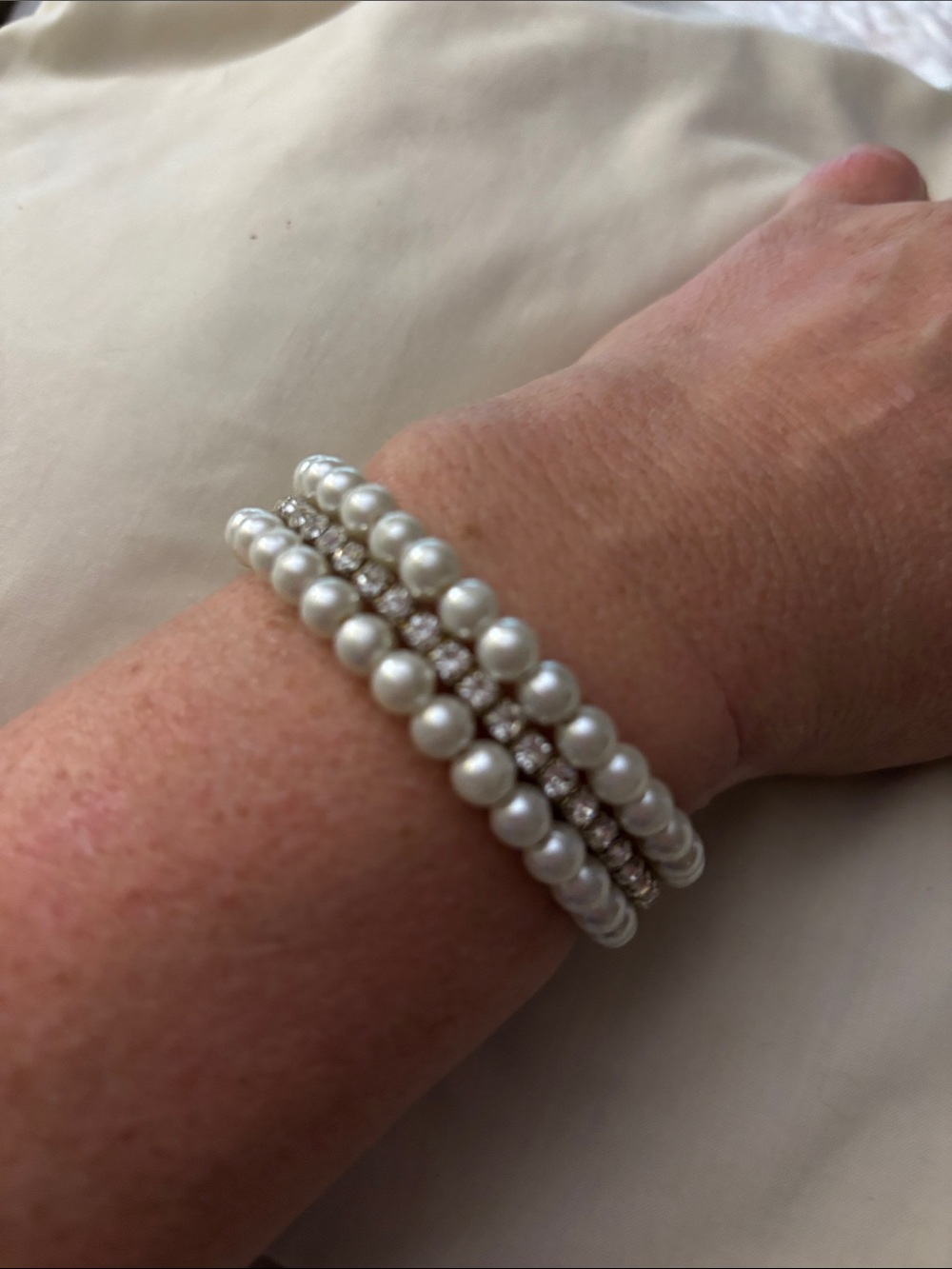 David's Bridal White Pearl and Rhinestone Multi-Strand Bracelet